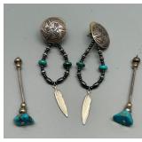 Vintage Sterling Silver and Turquoise Feather Earrings Set Including Liquid Silver Add on Dangle Pieces
