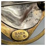 Collection of 3 Vintage Brooches: Sterling Silver BAER SF, Enamel Flower, Shell Design