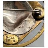 Collection of 3 Vintage Brooches: Sterling Silver BAER SF, Enamel Flower, Shell Design