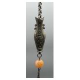 Antique Sterling Silver Chatelaine Chain with Ornate Vase Charm and Bead
