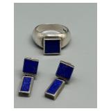 Artisan Sterling Silver Ring and Earrings Set with Lapis Lazuli