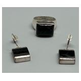 Artisan Sterling Silver and Onyx Ring and Earrings Set