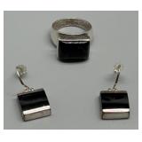 Artisan Sterling Silver and Onyx Ring and Earrings Set