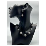 Elegant Black Beaded Necklace and Earring Set with Sterling Silver CloisonnÃ© Details