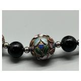 Elegant Black Beaded Necklace and Earring Set with Sterling Silver CloisonnÃ© Details