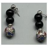 Elegant Black Beaded Necklace and Earring Set with Sterling Silver CloisonnÃ© Details