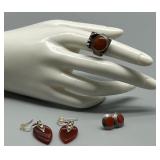 Artisan Biomorphic Brutalist Sterling Silver and Carnelian Jewelry Set with Earrings, Ring, and Stud Earrings