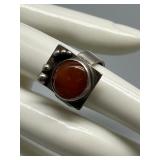 Artisan Biomorphic Brutalist Sterling Silver and Carnelian Jewelry Set with Earrings, Ring, and Stud Earrings