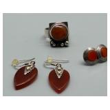 Artisan Biomorphic Brutalist Sterling Silver and Carnelian Jewelry Set with Earrings, Ring, and Stud Earrings