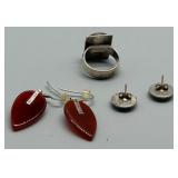 Artisan Biomorphic Brutalist Sterling Silver and Carnelian Jewelry Set with Earrings, Ring, and Stud Earrings