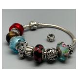 Pandora Classic Sterling Silver Bracelet with 13 Assorted Silver & Glass Troll Beads