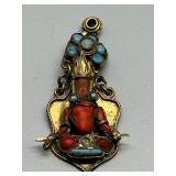Vintage Brass and Coral Tibetan Pendant with Turquoise Accents