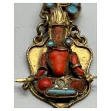 Vintage Brass and Coral Tibetan Pendant with Turquoise Accents