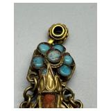Vintage Brass and Coral Tibetan Pendant with Turquoise Accents