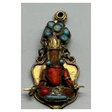 Vintage Brass and Coral Tibetan Pendant with Turquoise Accents