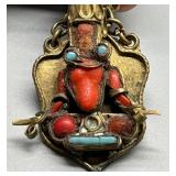 Vintage Brass and Coral Tibetan Pendant with Turquoise Accents