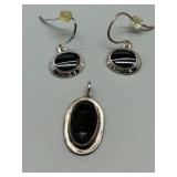 Handcrafted Taxco Mexico Sterling Silver Black Onyx Earrings and Pendant Set