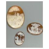 Set of 3 Vintage Carved Shell Cameos with Scenic Engravings