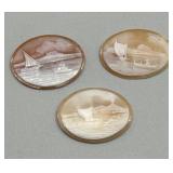 Set of 3 Vintage Hand Carved Shell Cameos with Sailing Ship Design