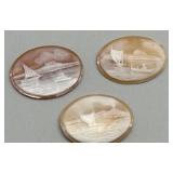 Set of 3 Vintage Hand Carved Shell Cameos with Sailing Ship Design