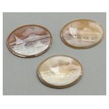Set of 3 Vintage Hand Carved Shell Cameos with Sailing Ship Design
