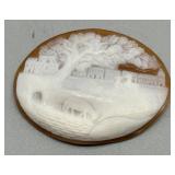 Vintage Hand-Carved Shell Cameo with Rural Scene Animals