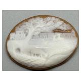Vintage Hand-Carved Shell Cameo with Rural Scene Animals