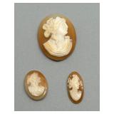 Set of 3 Vintage Carved Cameo Shell Brooches in Assorted Sizes