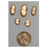 Set of 5 Vintage Carved Shell Cameo Brooch Pieces