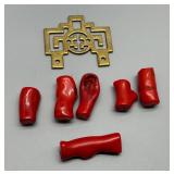Antique Lot of 6 Red Branch Coral Beads with Brass Pendant