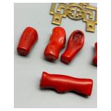 Antique Lot of 6 Red Branch Coral Beads with Brass Pendant