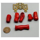 Antique Lot of 6 Red Branch Coral Beads with Brass Pendant