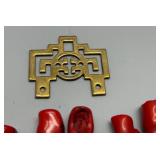 Antique Lot of 6 Red Branch Coral Beads with Brass Pendant