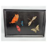 MCM Vintage COURAC Butterfly and Dragonfly Inlay Art on Black Tray