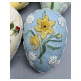 Set of 7 Handcrafted Floral Cross-Stitch Egg Ornaments