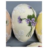 Set of 7 Handcrafted Floral Cross-Stitch Egg Ornaments