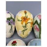 Set of 7 Handcrafted Floral Cross-Stitch Egg Ornaments