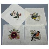 Set of 4 Hand-Embroidered Vintage Textile Squares with Floral and Bird Motifs