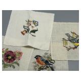 Set of 4 Hand-Embroidered Vintage Textile Squares with Floral and Bird Motifs