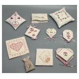 Set of 12 embroidered fabric ornaments / Needle Cases & Sachets