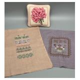 Lot of Handcrafted Needlework: Floral Cross-Stitch Cushion and Linen Samplers