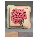 Lot of Handcrafted Needlework: Floral Cross-Stitch Cushion and Linen Samplers