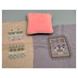 Lot of Handcrafted Needlework: Floral Cross-Stitch Cushion and Linen Samplers