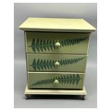 Vintage Green Accent Jewelry 3 Drawer Cabinet with Fern Design Lions Metal Feet