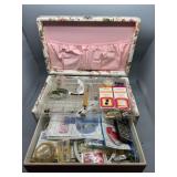 Vintage Floral Sewing Box with Assorted Sewing Supplies & Lots of Trims