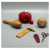 Vintage Sewing Tools Set with Tomato Pincushion, Darning Eggs, and Scissors