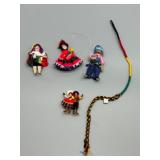Collection of 5 Handmade Guatemalan Worry Doll Ornaments & Woven Necklace String