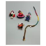 Collection of 5 Handmade Guatemalan Worry Doll Ornaments & Woven Necklace String