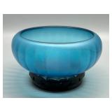 Vintage Blue Stretch Glass Bowl with Lacquered Stand