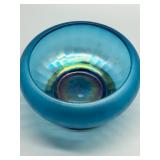 Vintage Blue Stretch Glass Bowl with Lacquered Stand